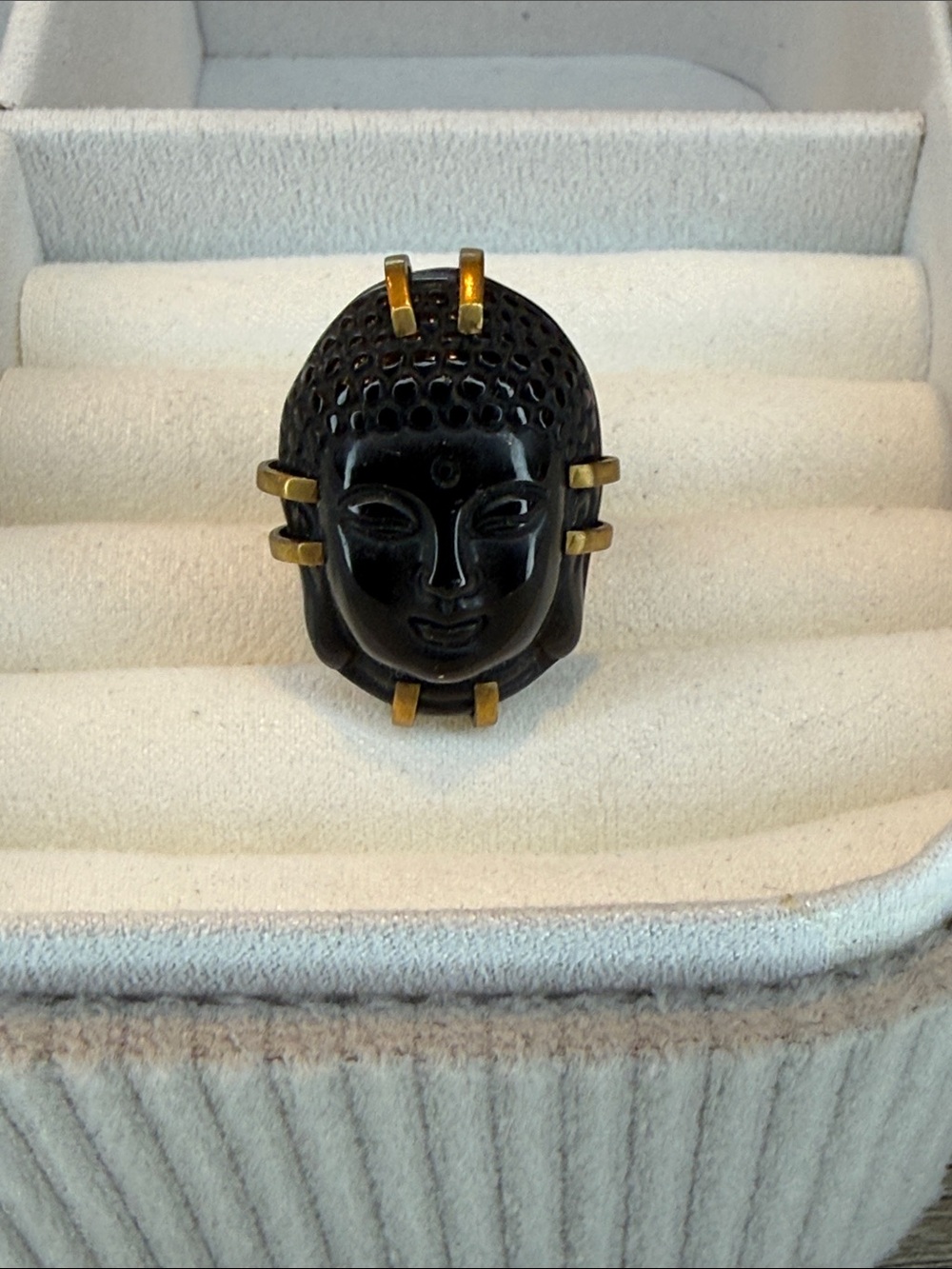 Jan Michaels San Francisco carved Buddha face adjustable statement ring